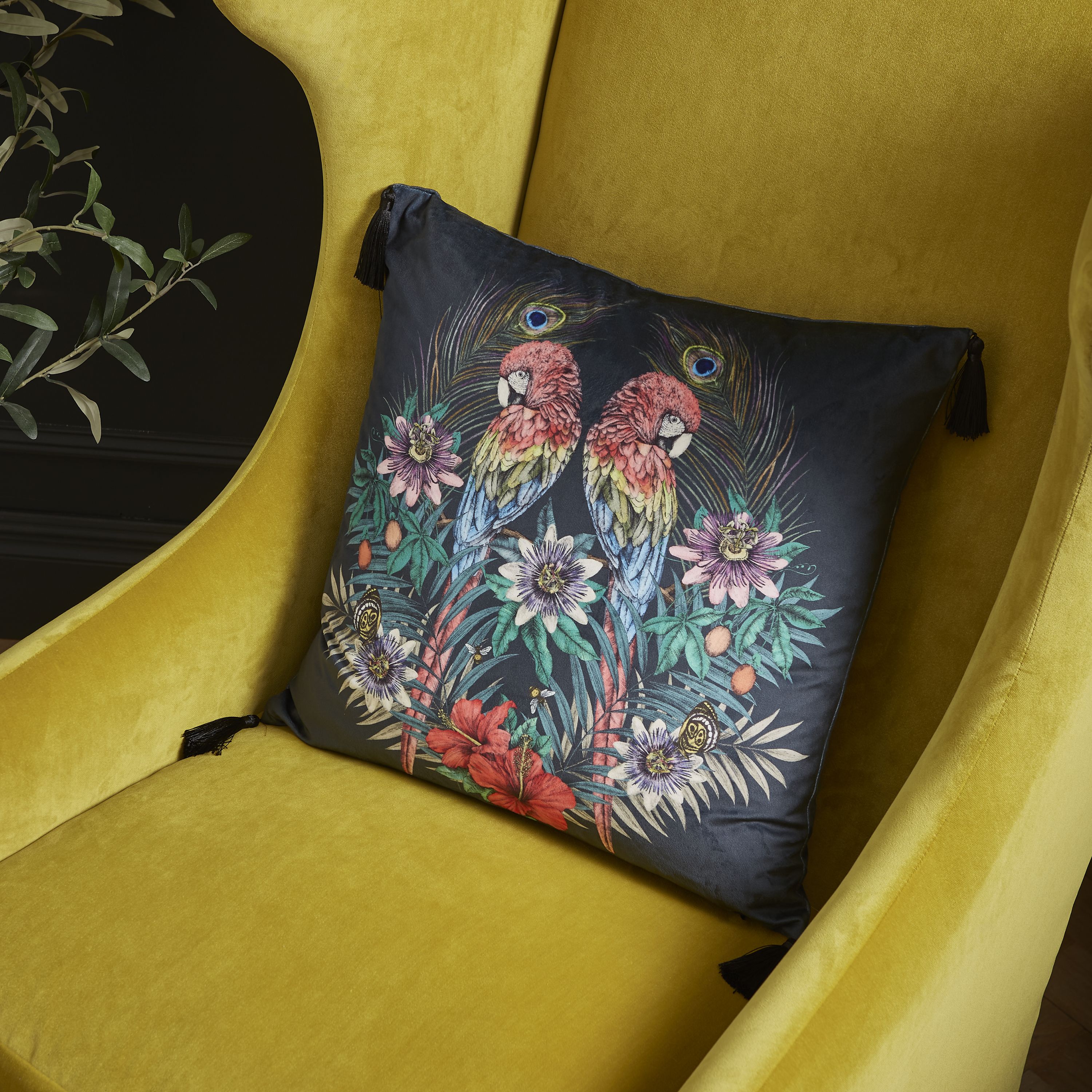 Parrot Floral Tassel Cushion By Matthew Williamson In Navy Blue